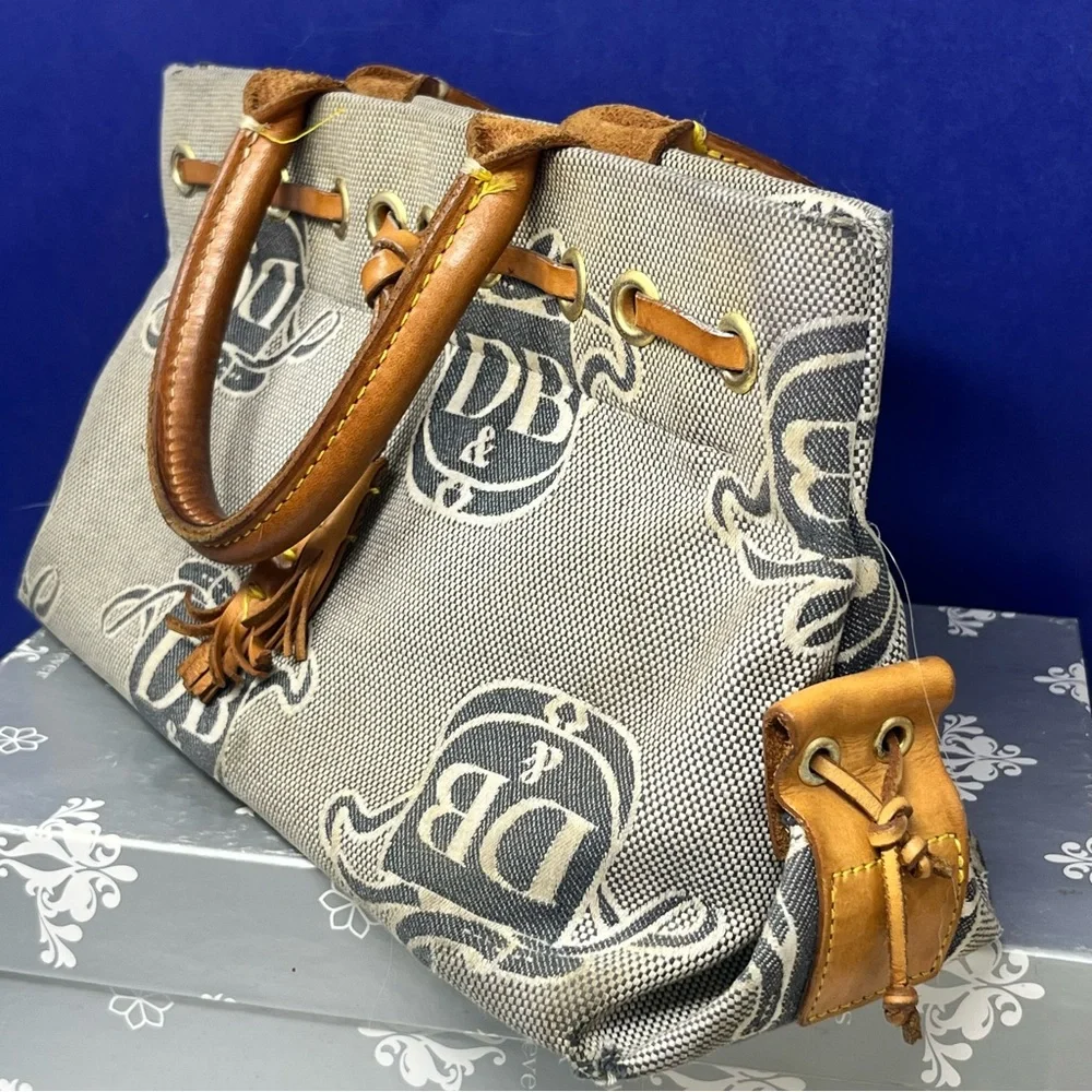 Vintage Dooney & Bourke Mini Tassel Tote with DB Signature Print Flawed